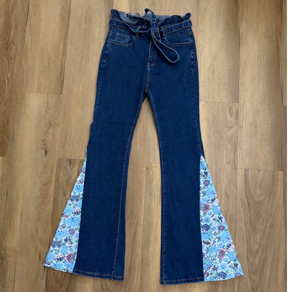 Boho Handmade Floral Flare Jeans Paperbag Waist Tie Bell Bottom hippie indie - Picture 2 of 9